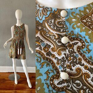 Vintage 60s Paisley BOHO Fringe SANDCASTLE Mini Dress M/L